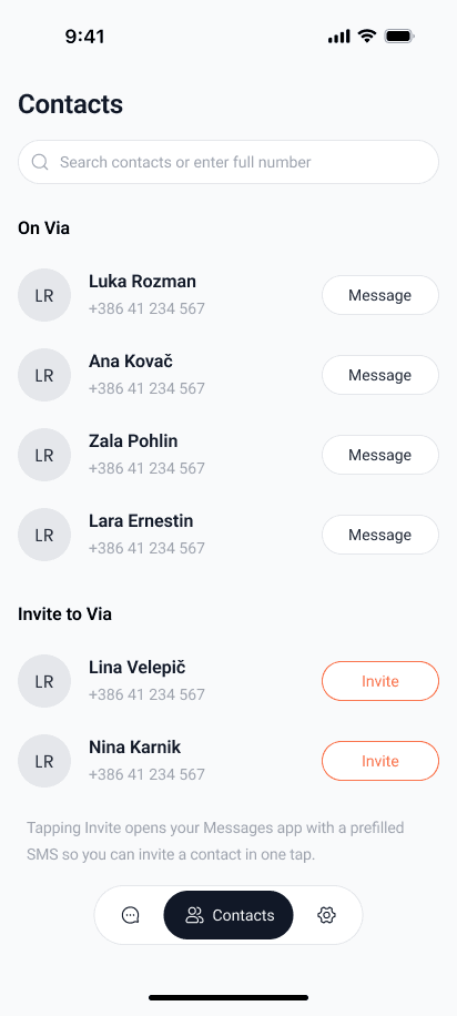The Via contacts screen